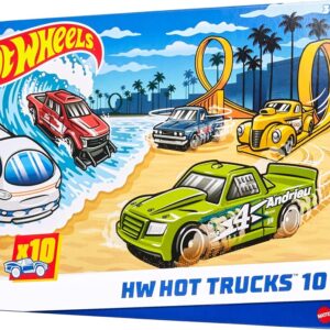 Hot Wheels 1:64 Scale Toy Trucks, Set of 10 Die-Cast Stunt, Utility, Racing & Other Toy Pickup Trucks or Vans, Modern & Retro Models (Styles May Vary)