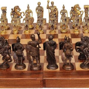 SHORO Skywalk Hand Crafted Roman Brass Chess Set with Wooden Board, 2 Players for kids and adults,Brown