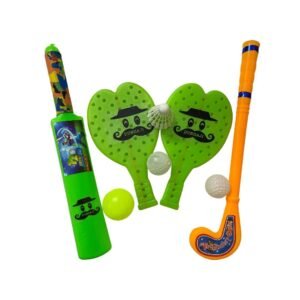 PRAPTI MART Super Plastic Combo Set Bat Ball Racket & Hockey for Kids | Indoor Outdoor Toys | Activity Toys | Learning Toy | Age 2+ (3 Pcs Set (1 Bat, 1 Racket, 1 Hockey), Green)